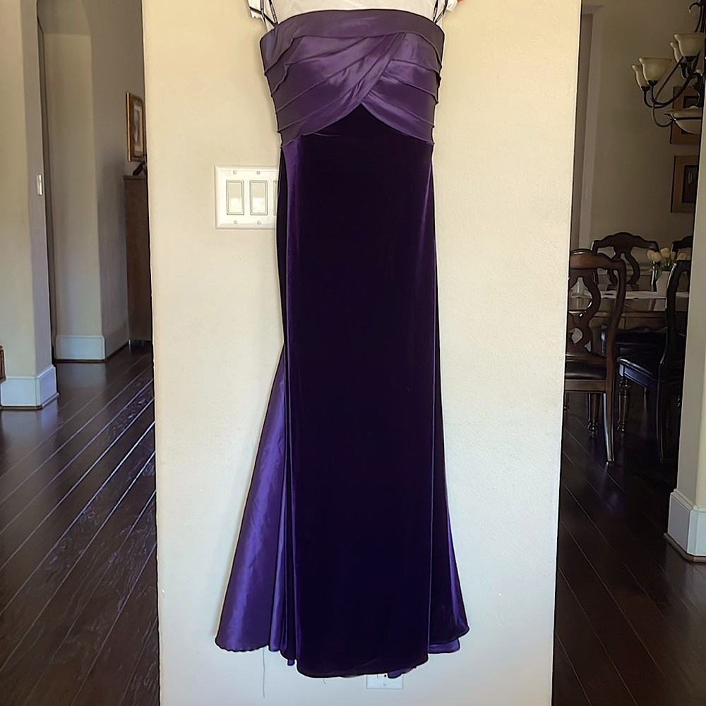 worn once, formal gown,eggplant purple, velvet skirt, raw silk bodice and train